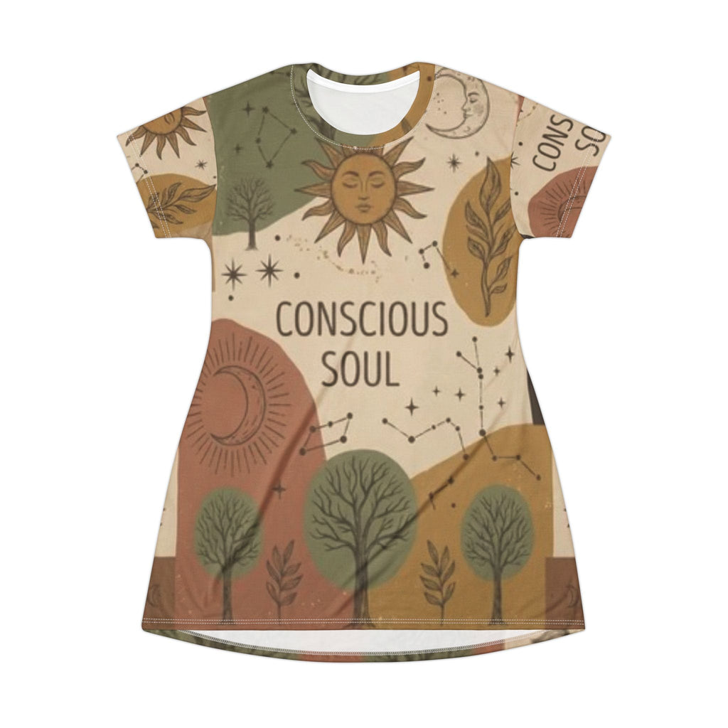 Conscious Soul T‑Shirt Dress — Boho Sun & Moon All‑Over Print