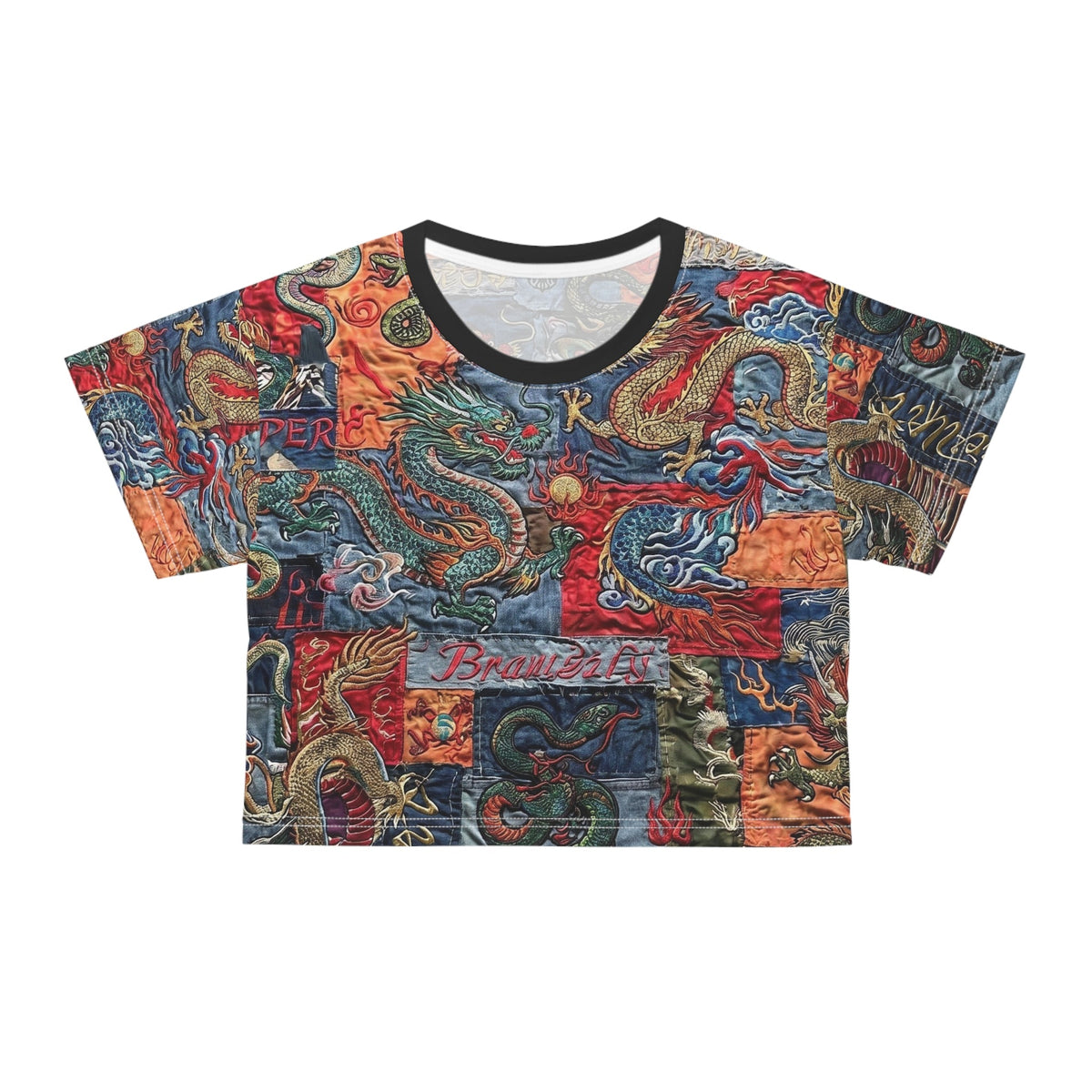 Dragon Patchwork Crop Tee — Vintage Asian Tattoo Inspired All-Over Print