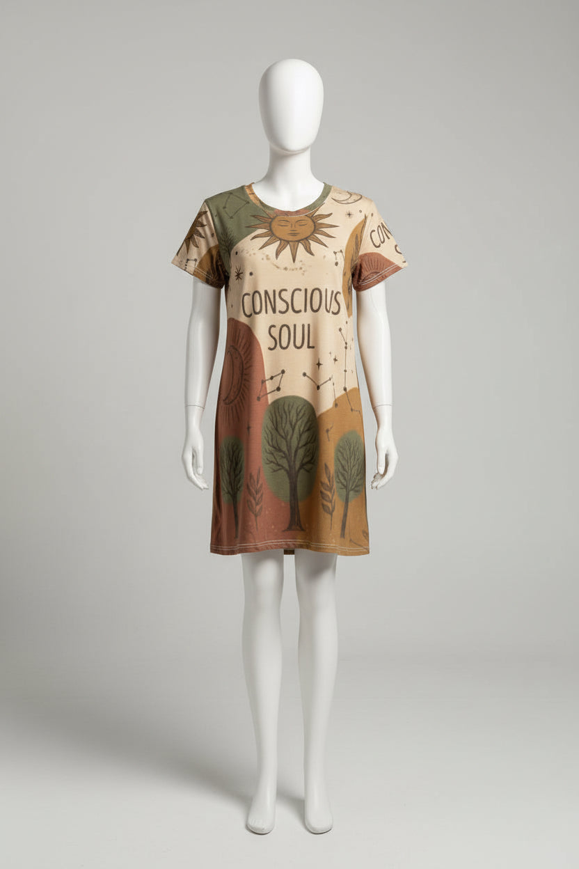 Conscious Soul T‑Shirt Dress — Boho Sun & Moon All‑Over Print