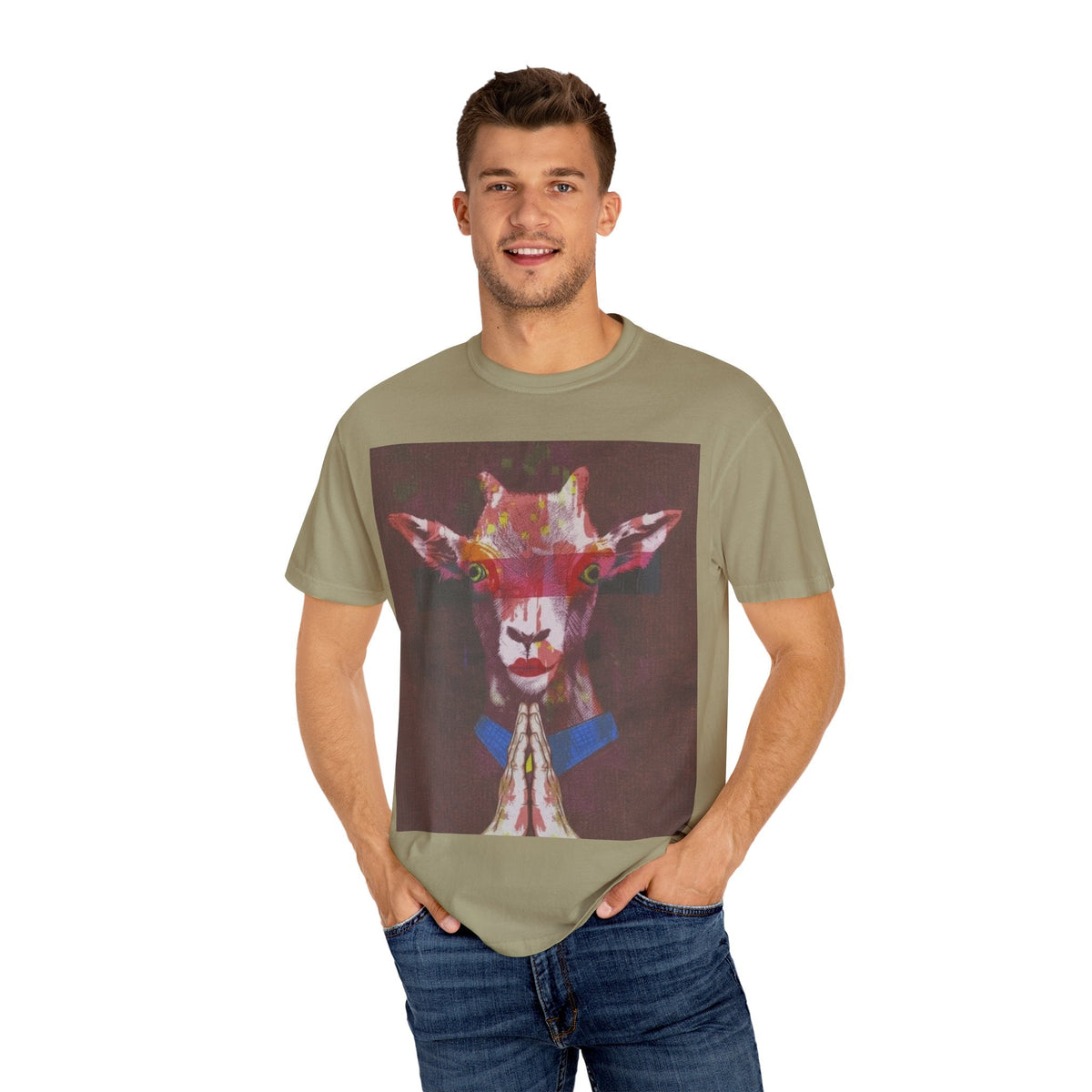 Praying Goat Art T-Shirt — Colorful Surreal Animal Portrait Tee