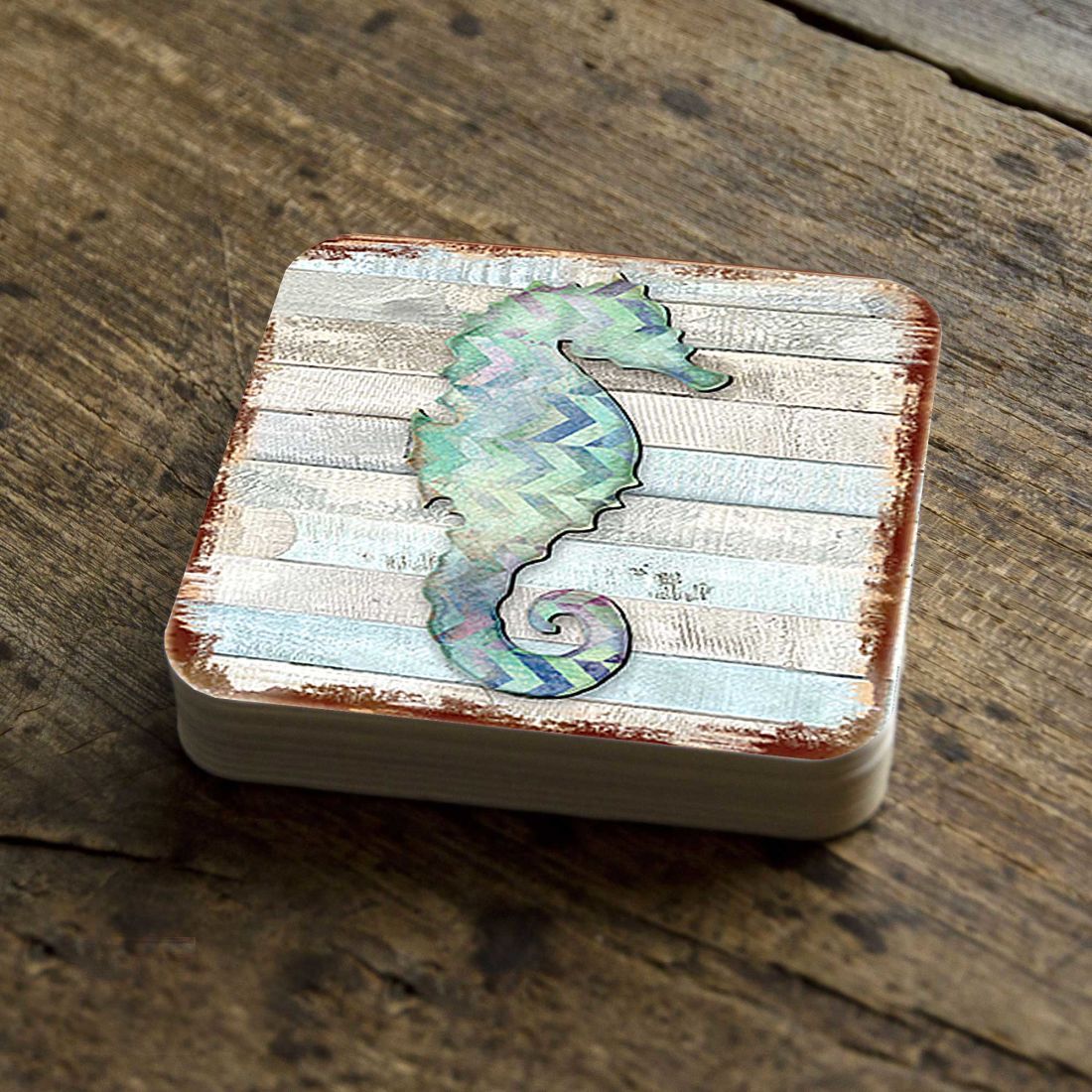 Seahorse Coastal Wooden Cork Coasters Gift Set of 4 by Nature Wonders - Coastal Sea-Life Decor - 8198517-2-9C-S4