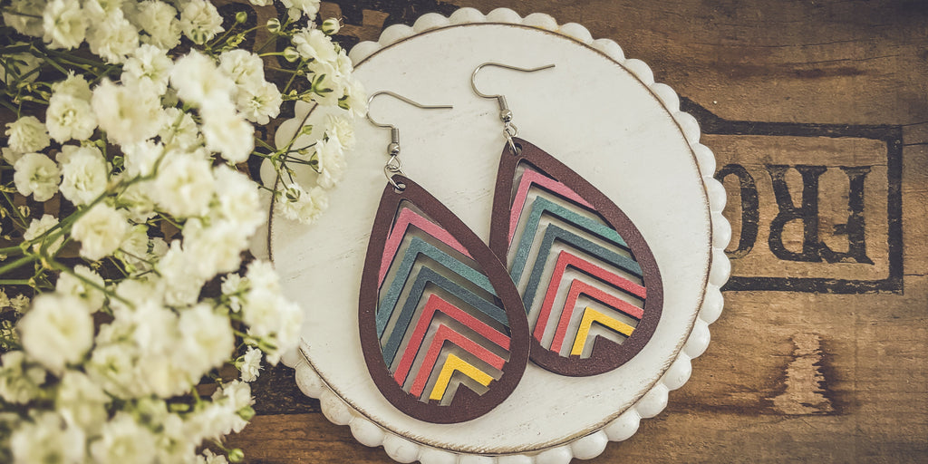 Wooden Rainbow Mountains Laser Cut Earrings