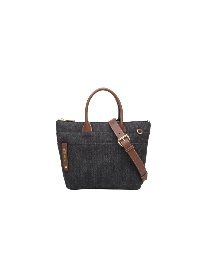 Dot | Small Tote | Black Washed Canvas + Brown