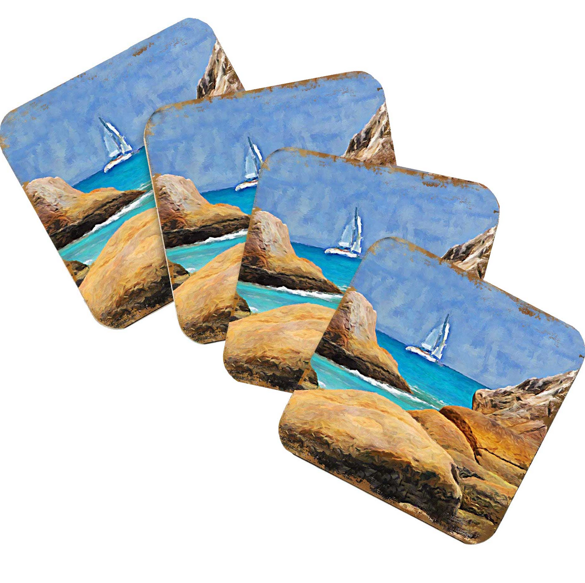 Sailboat Coastal Wooden Cork Coasters Gift Set of 4 by Nature Wonders - 95274C-S4