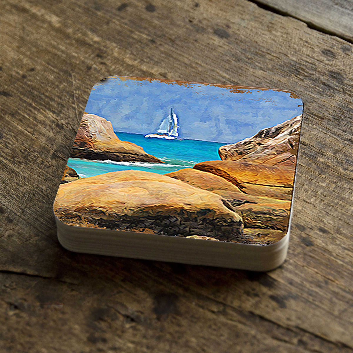 Sailboat Coastal Wooden Cork Coasters Gift Set of 4 by Nature Wonders - 95274C-S4