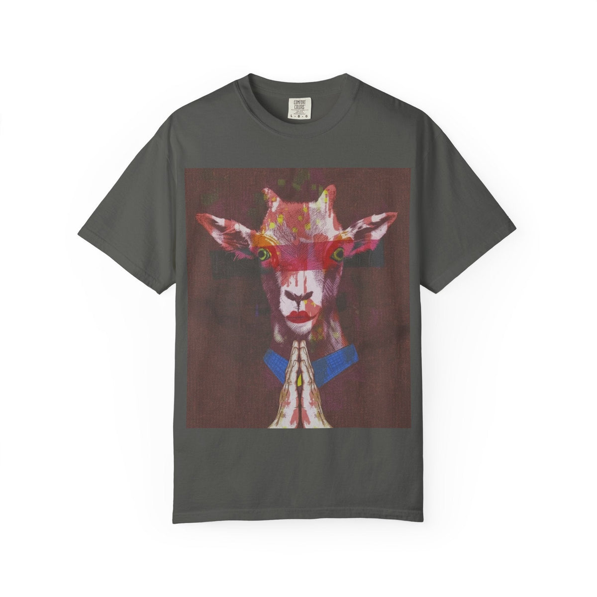 Praying Goat Art T-Shirt — Colorful Surreal Animal Portrait Tee