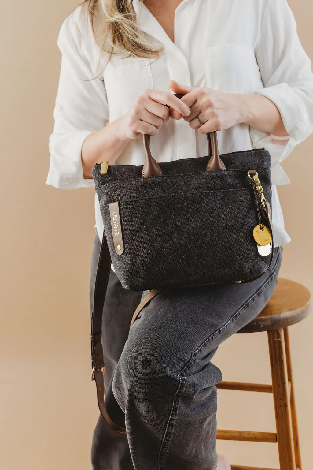 Dot | Small Tote | Black Washed Canvas + Brown