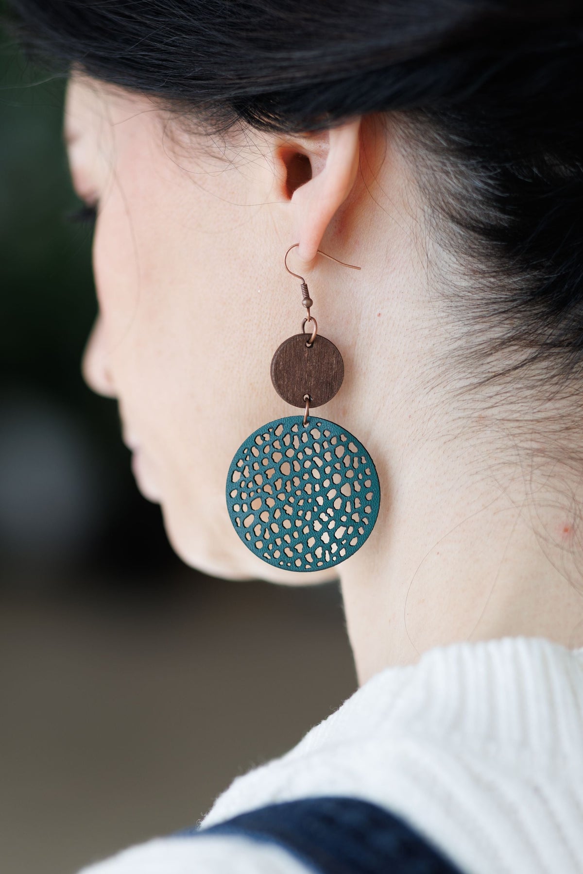 Beautiful Green Leather and Wood Earrings