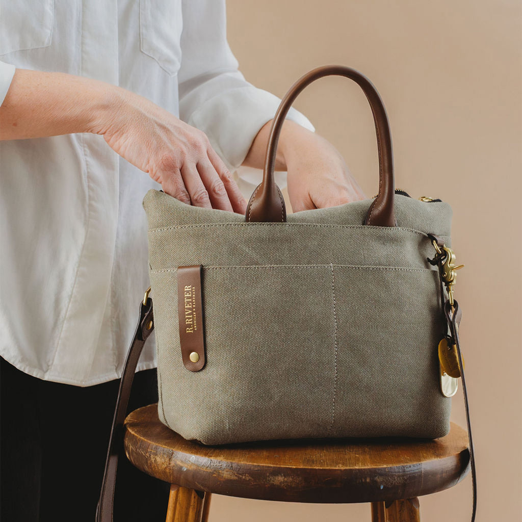 Dot | Small Tote | Fatigue Washed Canvas + Brown Leather