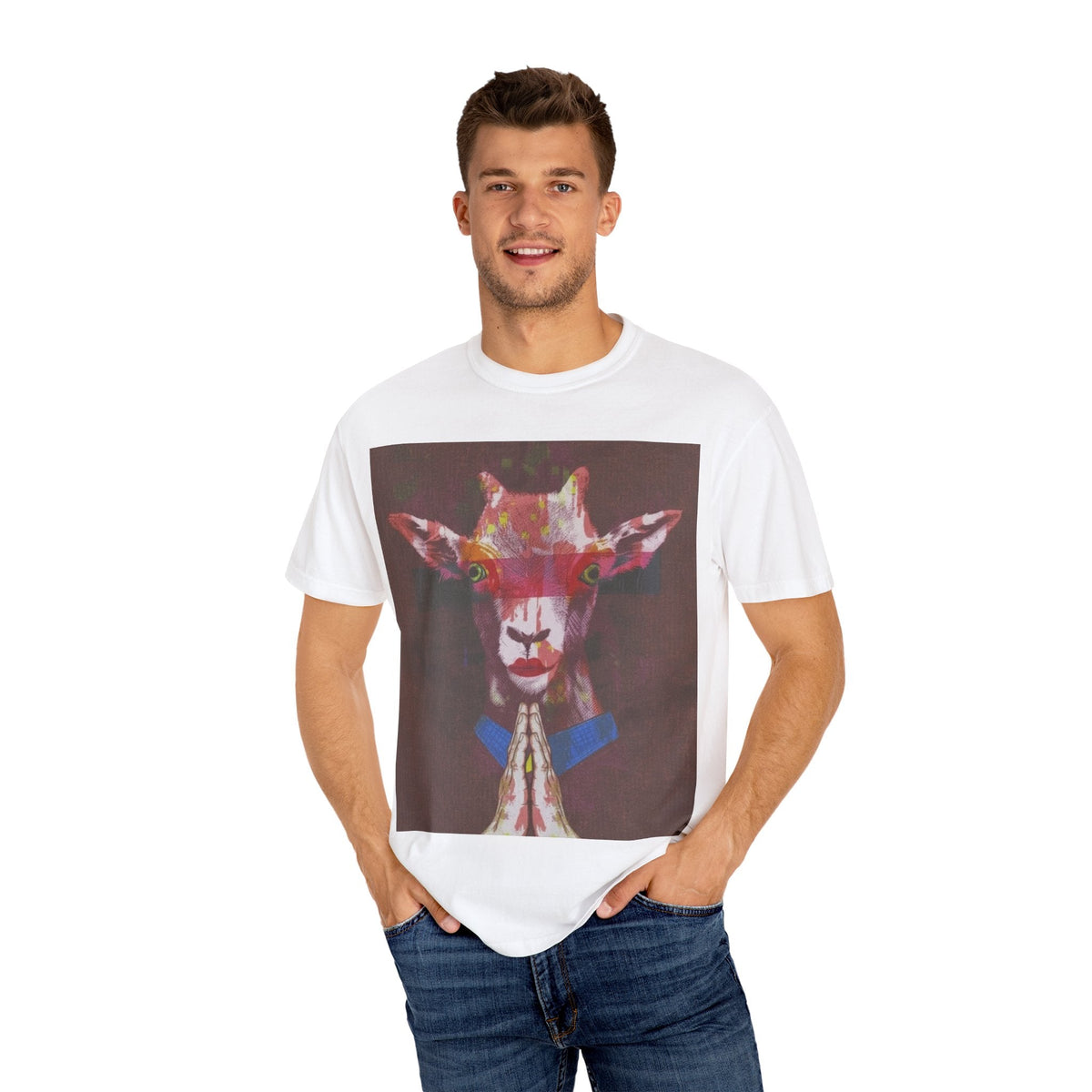 Praying Goat Art T-Shirt — Colorful Surreal Animal Portrait Tee