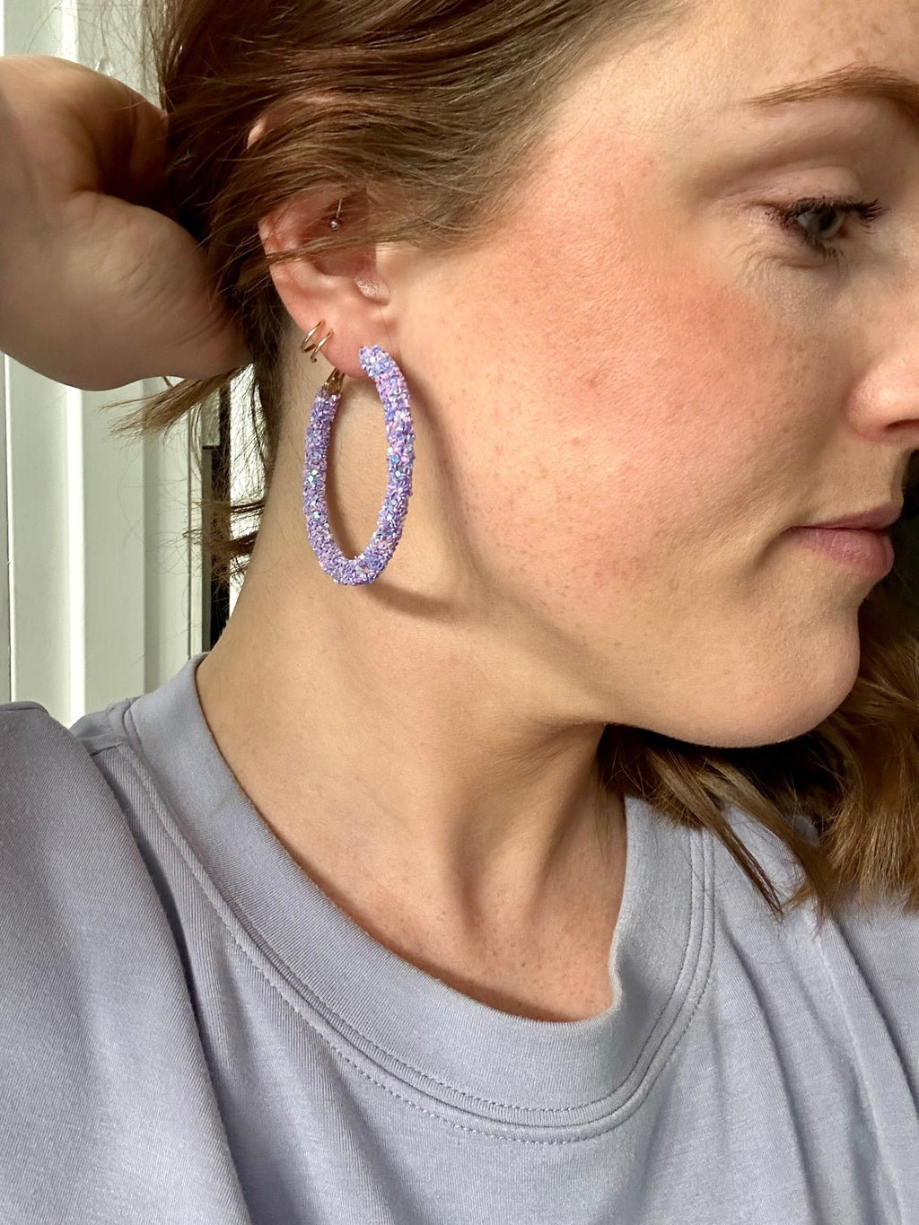 Beautiful Purple Glitter Hoop Earrings