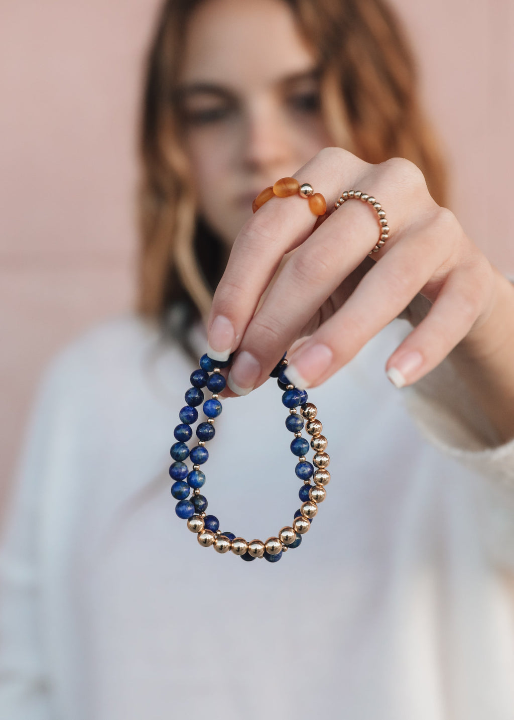Lapis Lazuli : 14k Gold Filled Beaded Sun + Moon || Stretch Bracelets