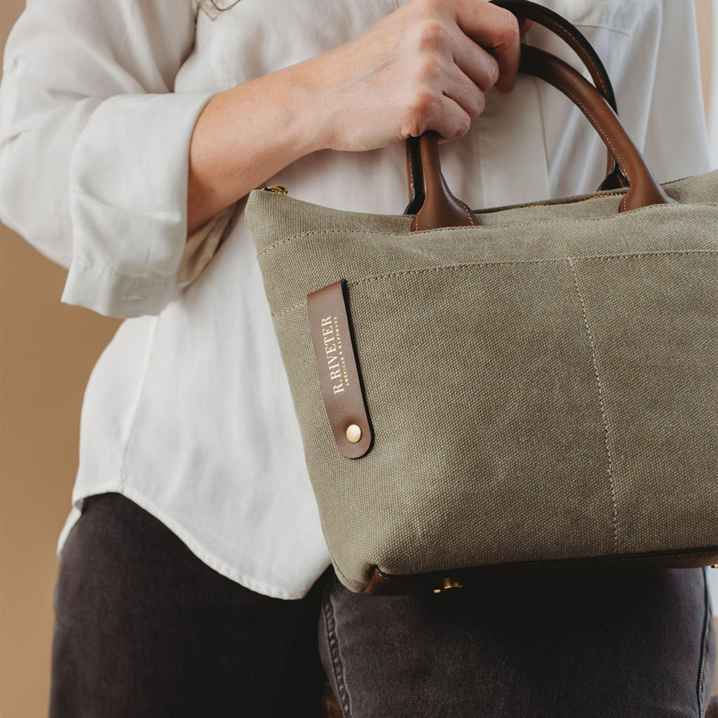Dot | Small Tote | Fatigue Washed Canvas + Brown Leather