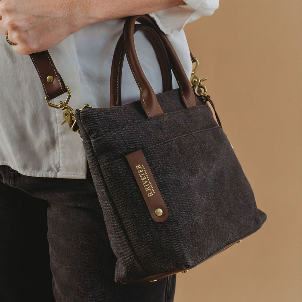 Dot | Small Tote | Black Washed Canvas + Brown