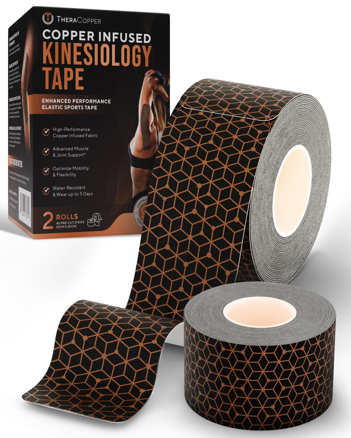 Copper Infused Kinesiology Tape – 2 Rolls (40 Precut Strips)