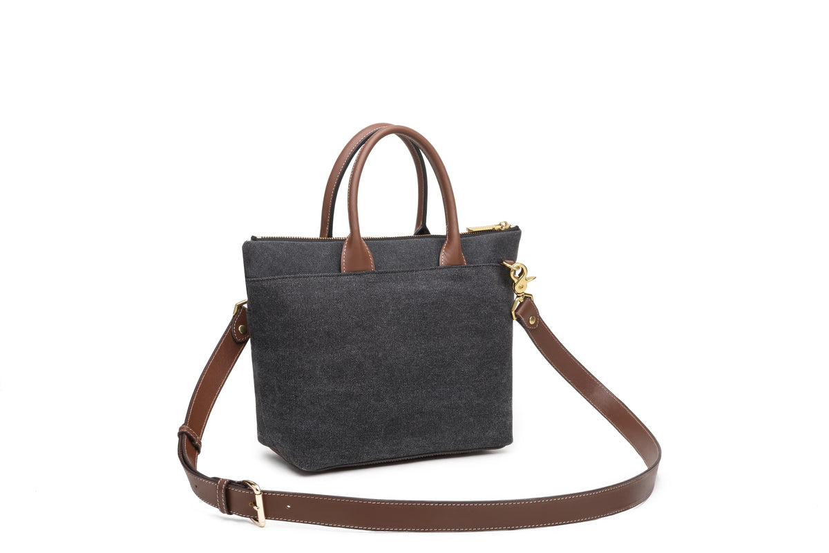Dot | Small Tote | Black Washed Canvas + Brown