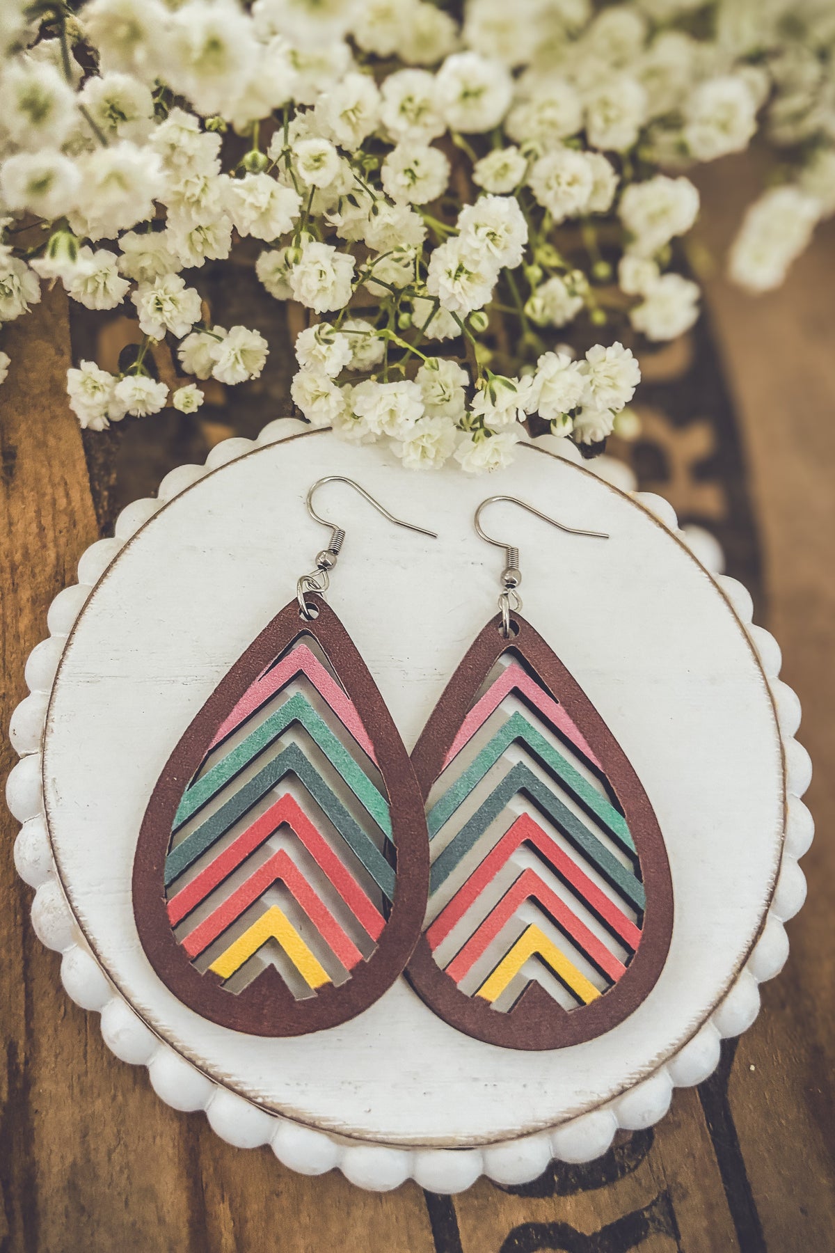 Wooden Rainbow Mountains Laser Cut Earrings