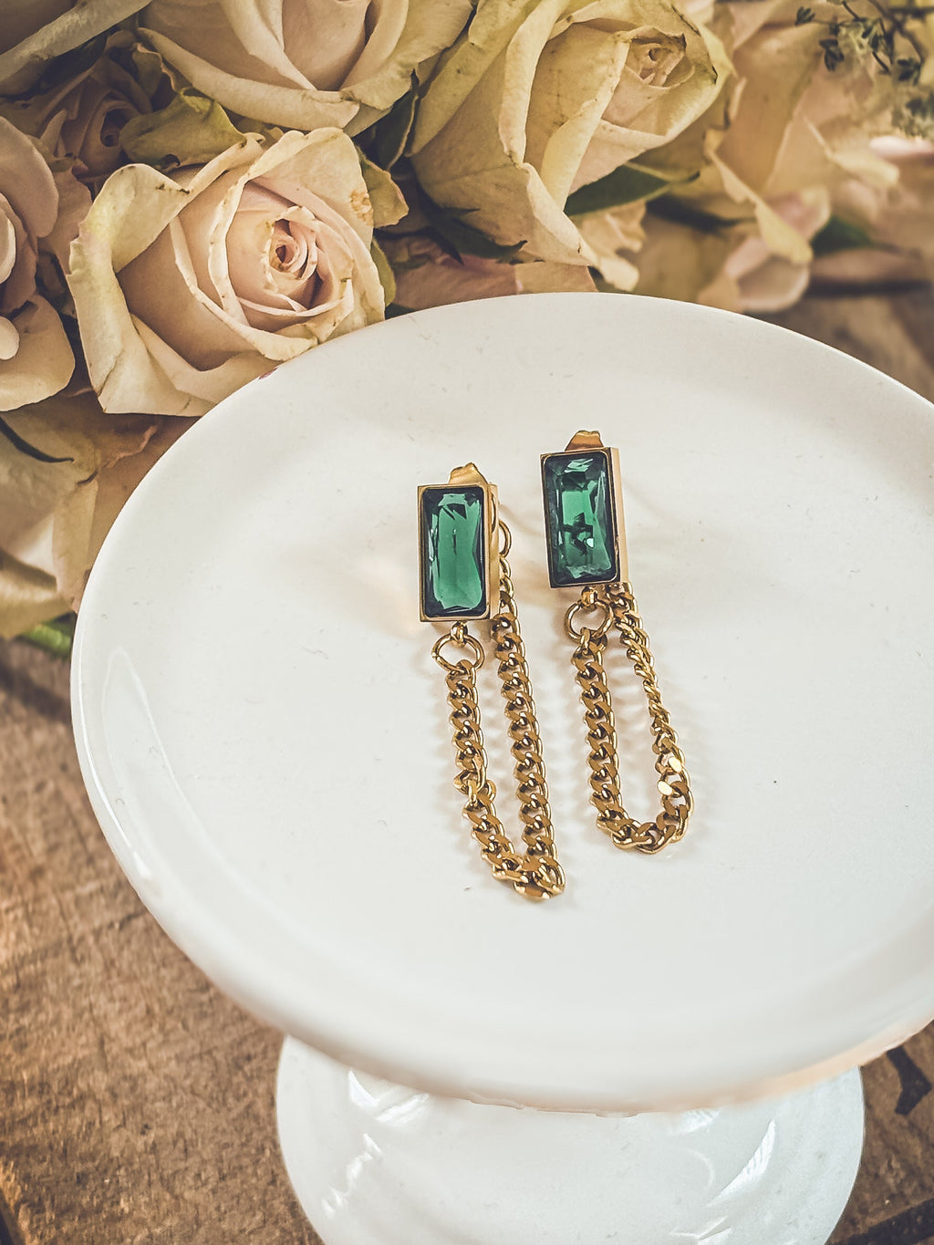 Beautiful Gold Chain and Emerald Earrings