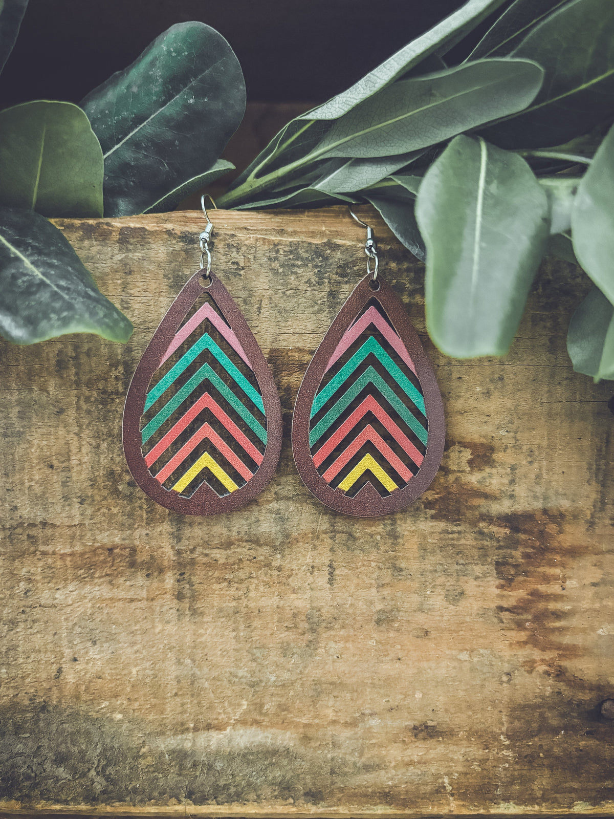 Wooden Rainbow Mountains Laser Cut Earrings