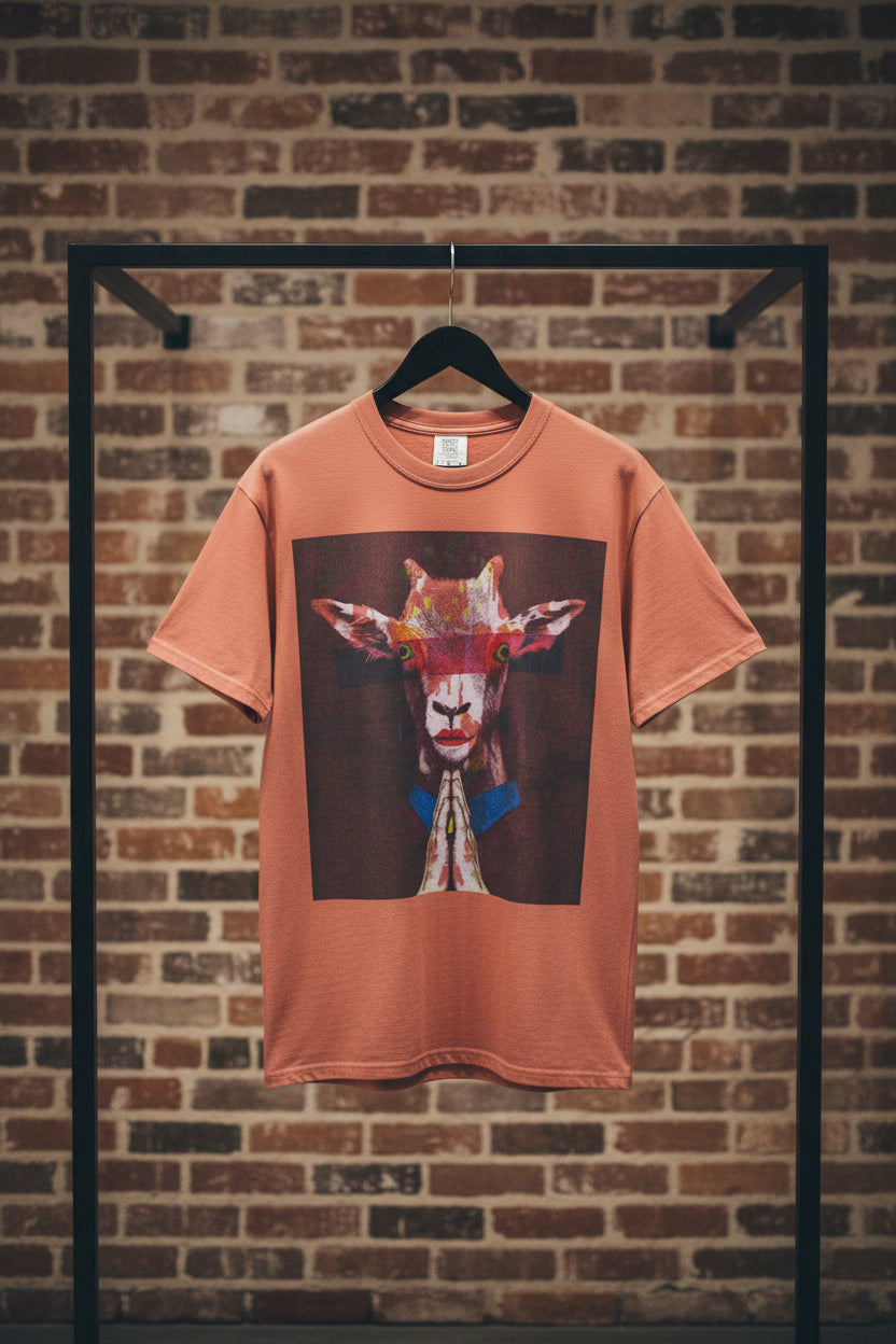 Praying Goat Art T-Shirt — Colorful Surreal Animal Portrait Tee