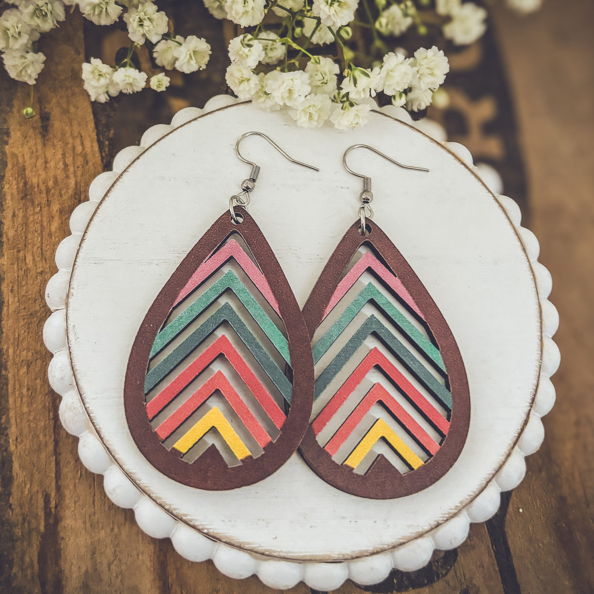 Wooden Rainbow Mountains Laser Cut Earrings