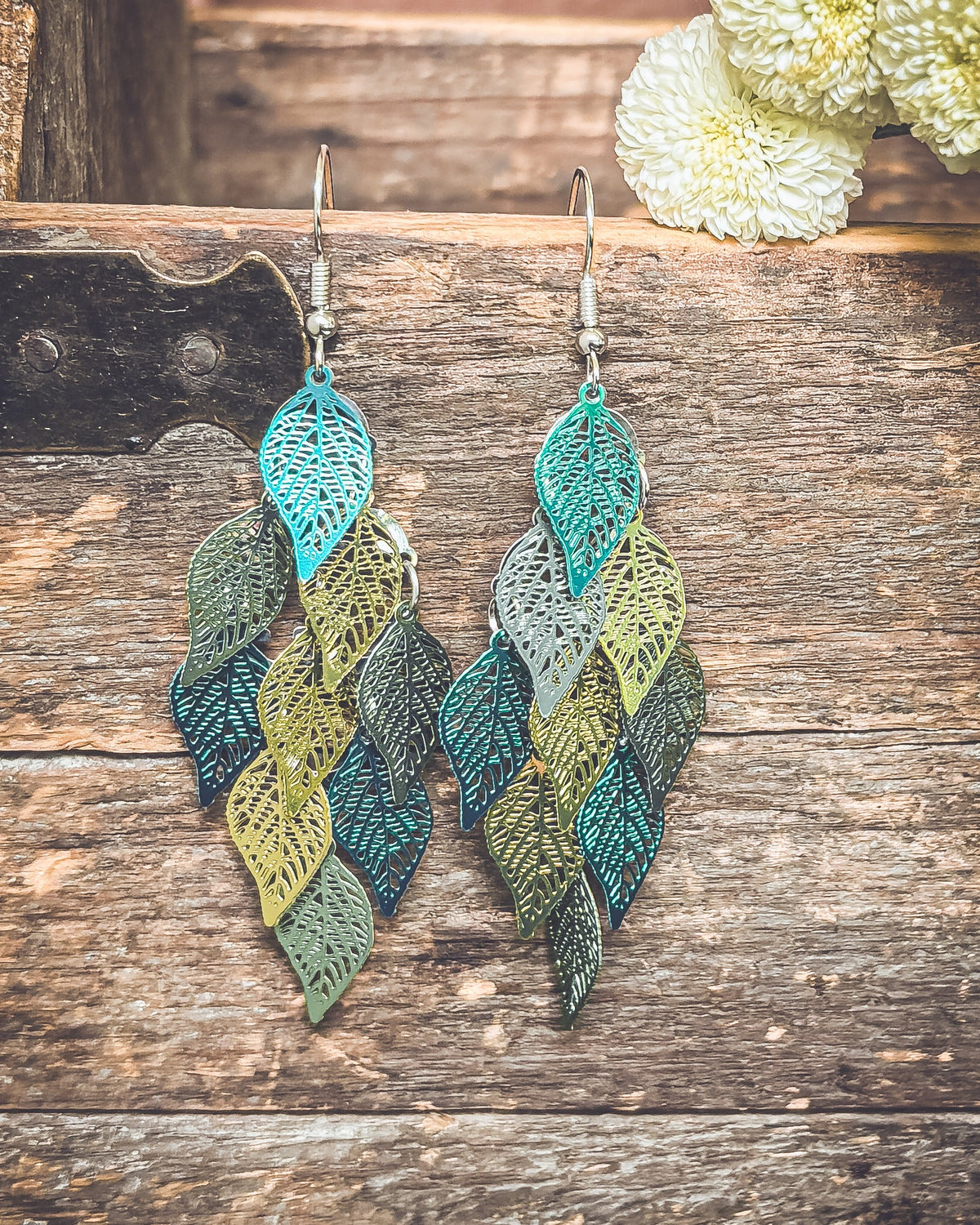 Beautiful Green Leaf Chandelier Earrings