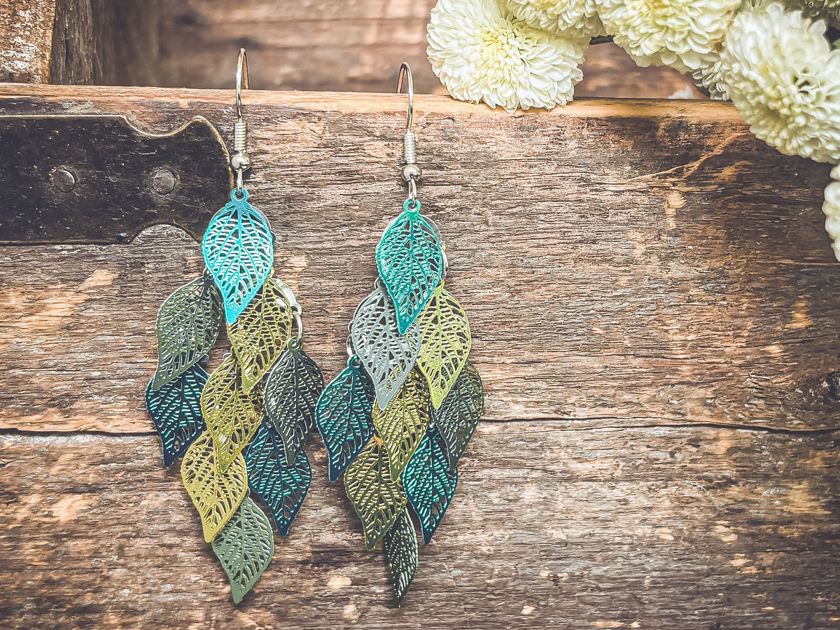 Beautiful Green Leaf Chandelier Earrings