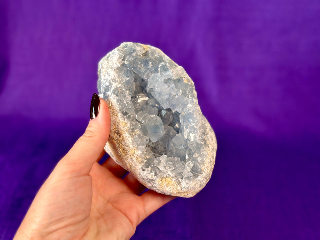 Celestite Polished Cluster, Celestite Geode Free Shape w. Druse, Standing Celestite Healing Crystal
