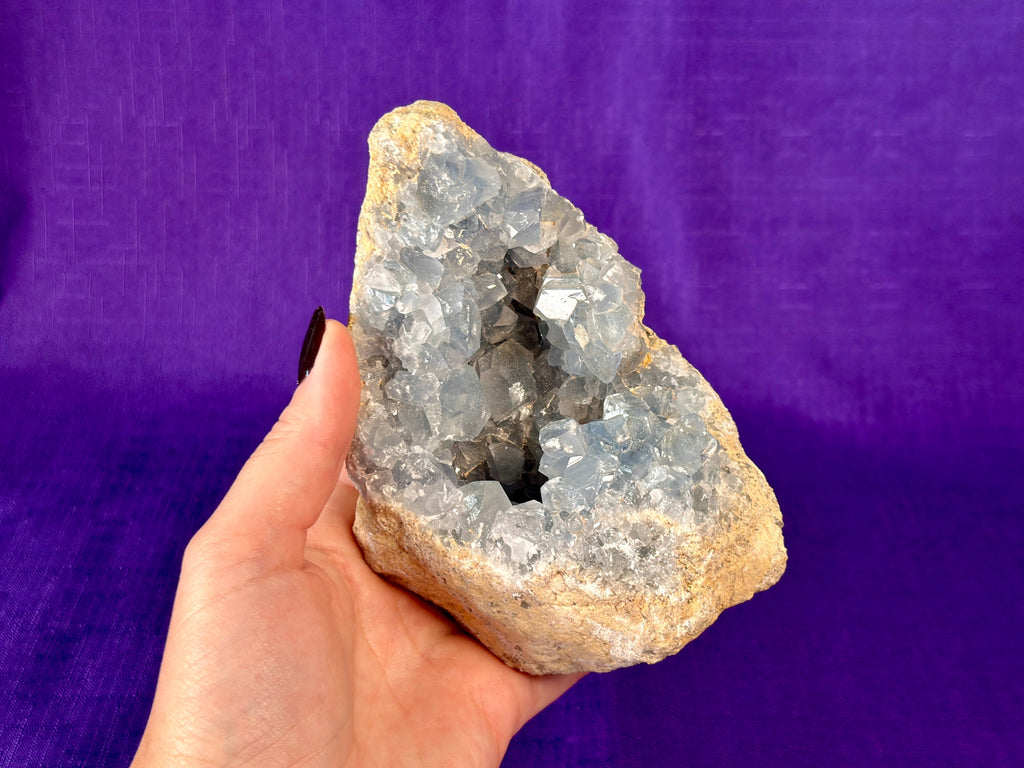 Celestite Polished Cluster, Celestite Geode Free Shape w. Druse, Standing Celestite Healing Crystal