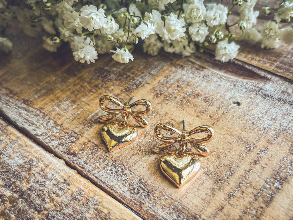 Beautiful Gold Heart Bow Earrings