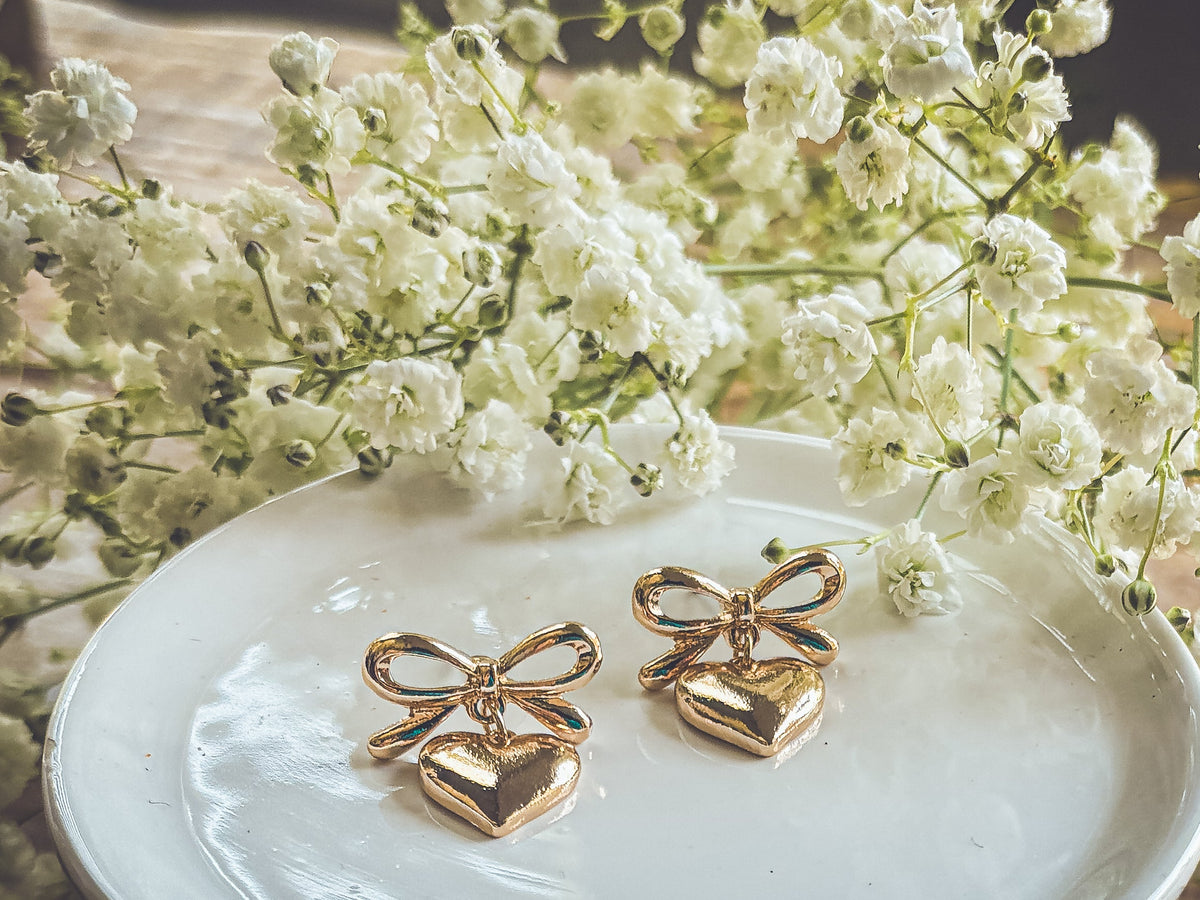 Beautiful Gold Heart Bow Earrings