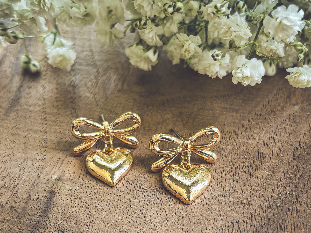 Beautiful Gold Heart Bow Earrings