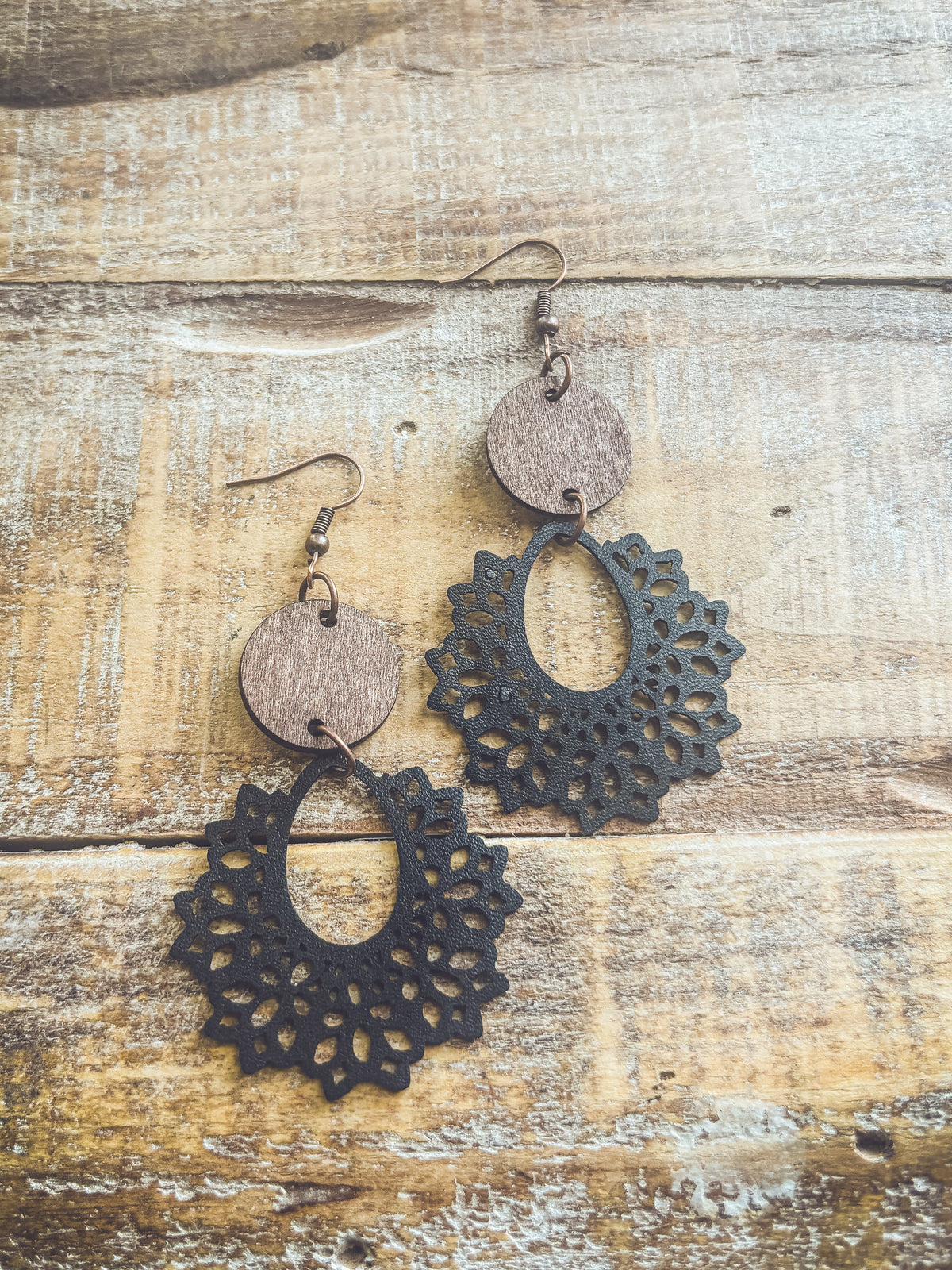 Beautiful Black Leather and Wood Earrings
