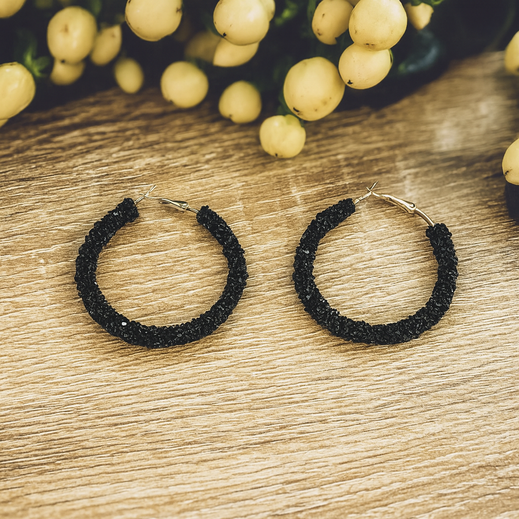 Beautiful Black Glitter Hoop Earrings