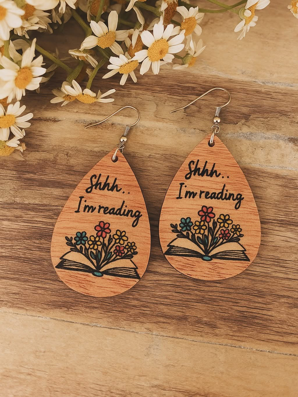 Adorable Wood Shhhh I am Reading Earrings