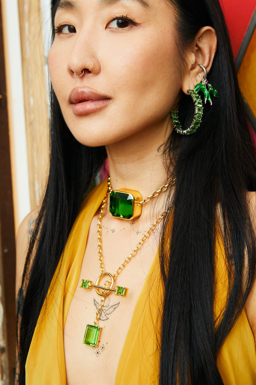 Calling Card Toggle Necklace in Green Envy (Gold)