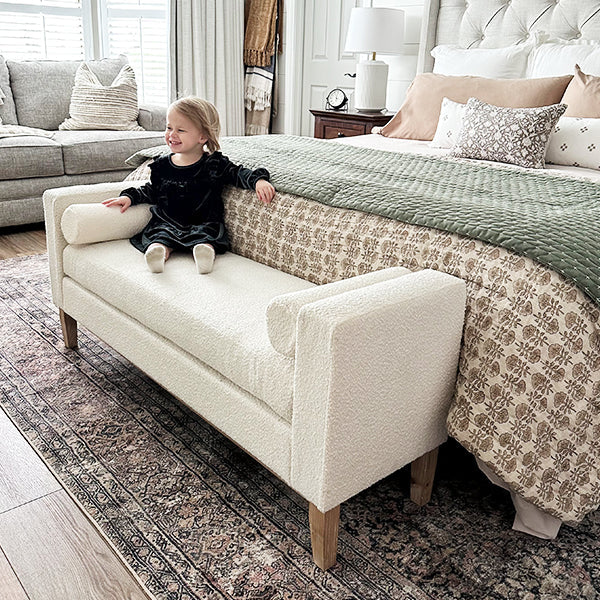56 Inch Modern Boucle Accent Bench with Round Pillows