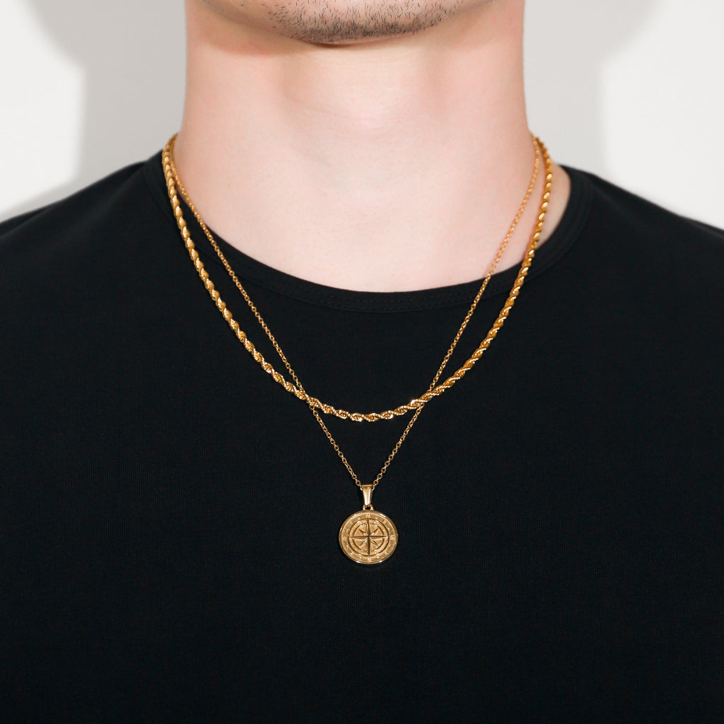 Compass Necklace Rope Gold Set