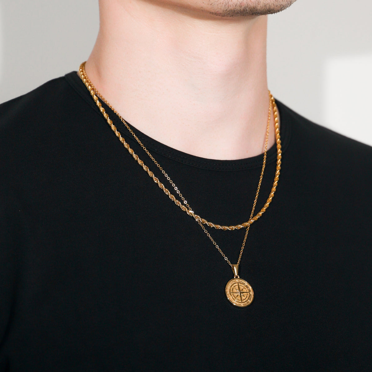 Compass Necklace Rope Gold Set