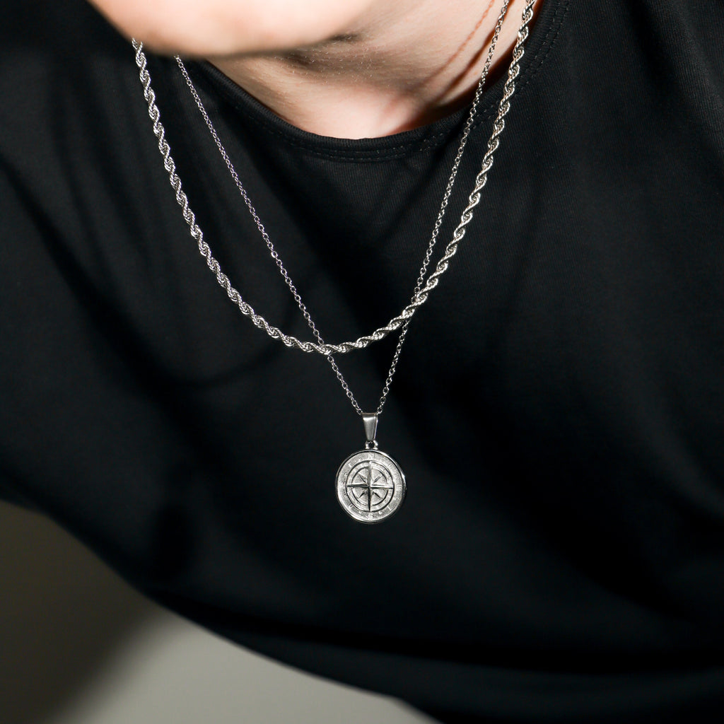 Compass Necklace Rope Silver Set