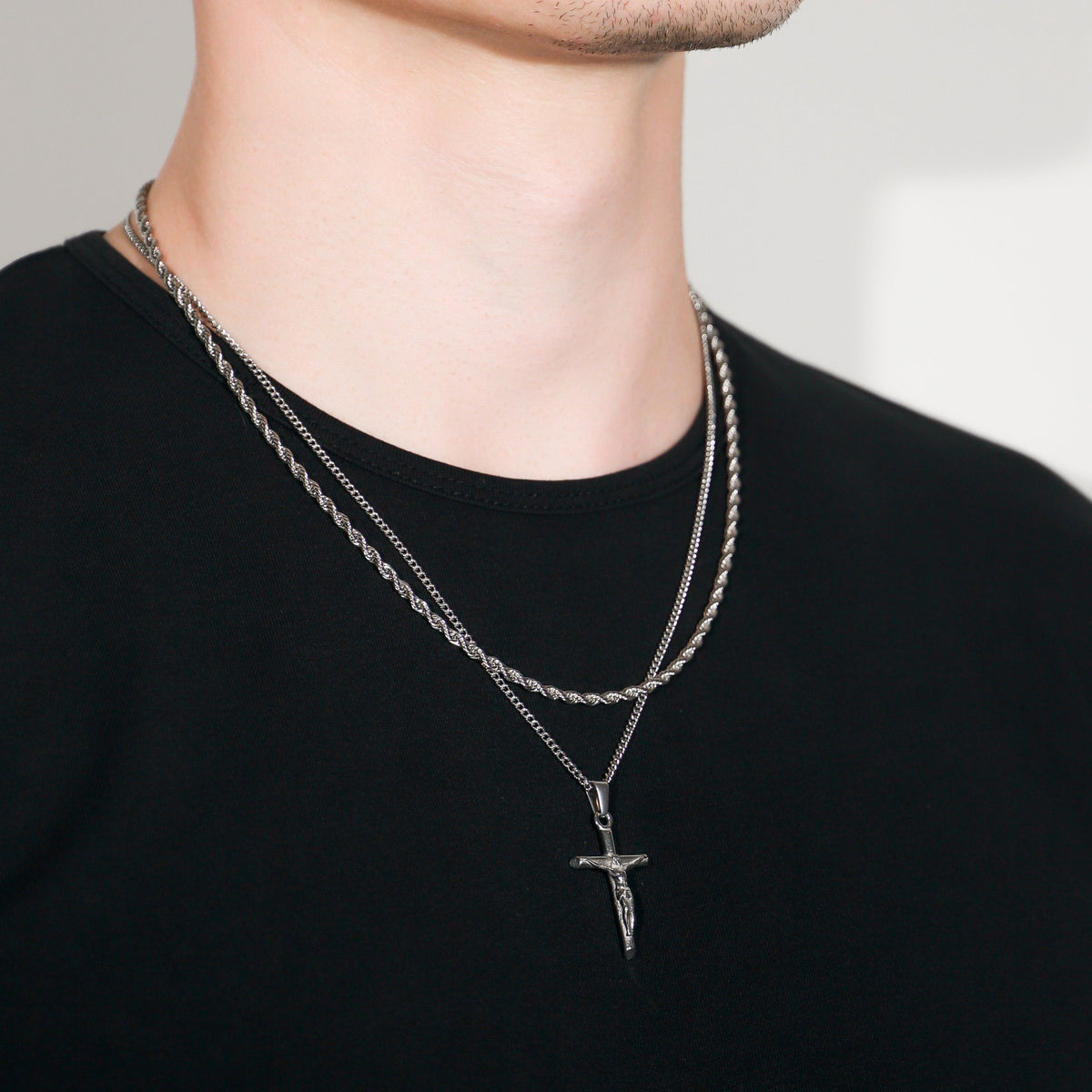 Crucifix Pendant Rope Silver Set