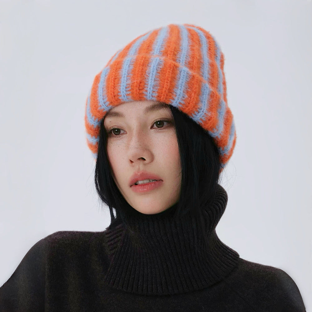 Fuzzy Contrast Striped Beanie