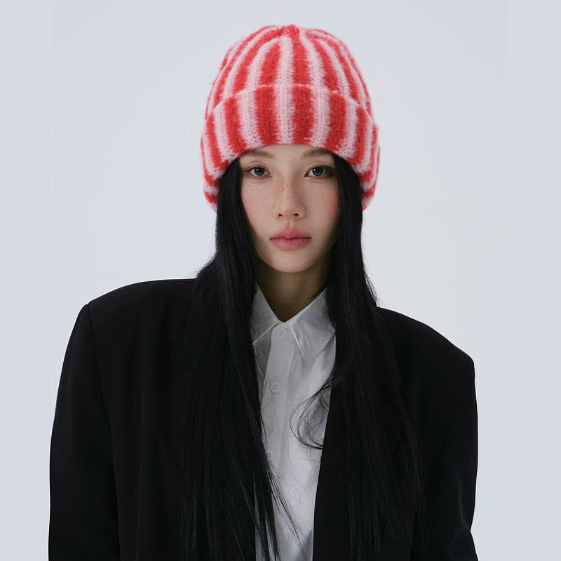 Fuzzy Contrast Striped Beanie
