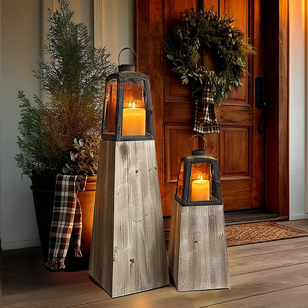 Removable Metal Lanterns with Wood Base, Set of Two