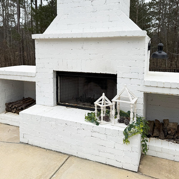 Distressed White Turned Wooden Open Lanterns, Set of Two