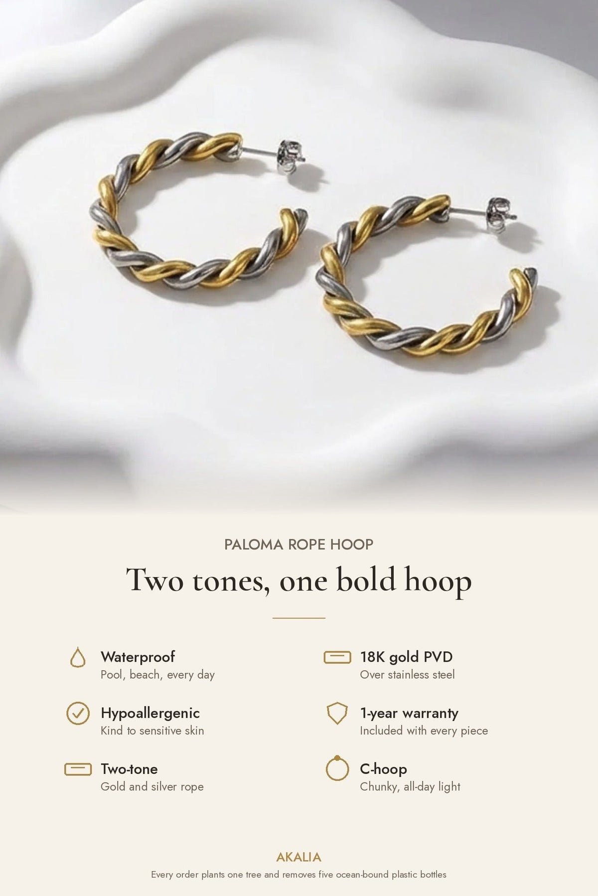 Paloma Waterproof Two-Tone Chunky Rope Hoop Earring
