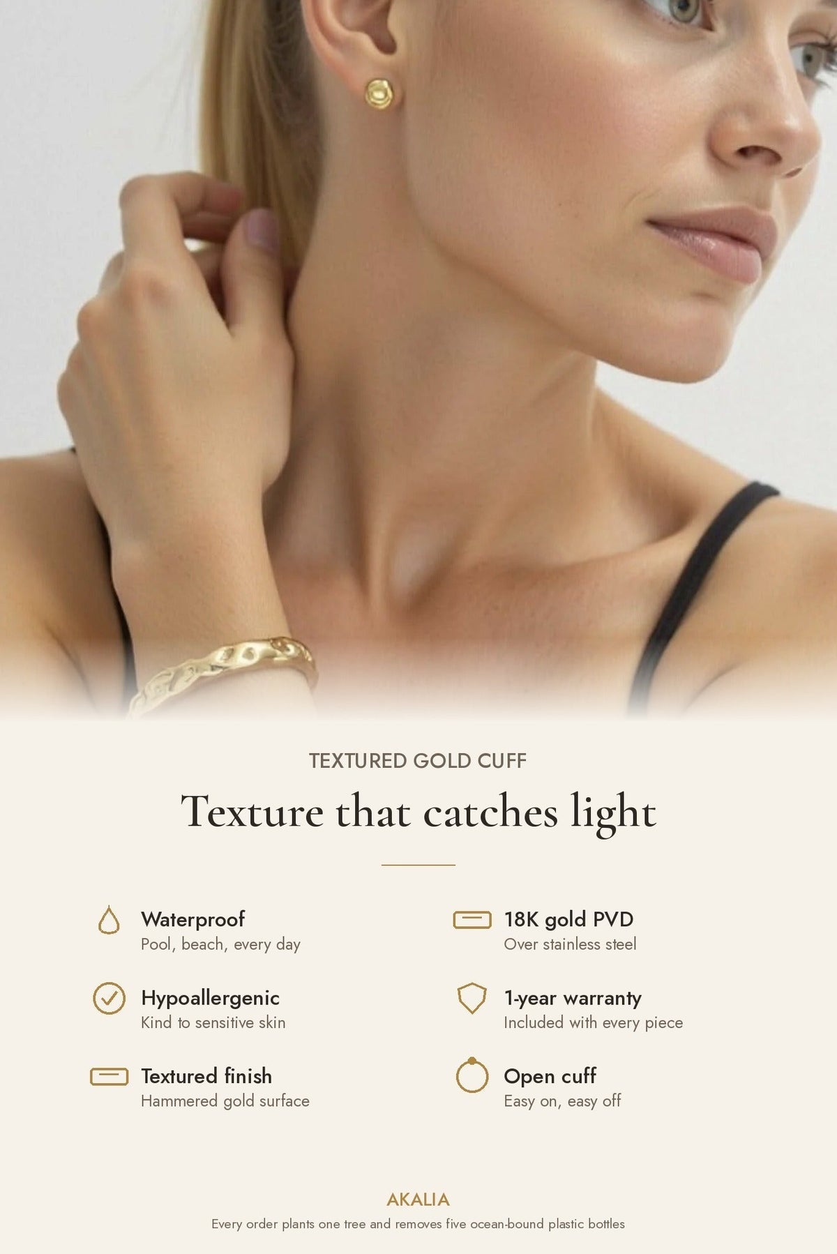 Waterproof Textured Gold Cuff Bracelet